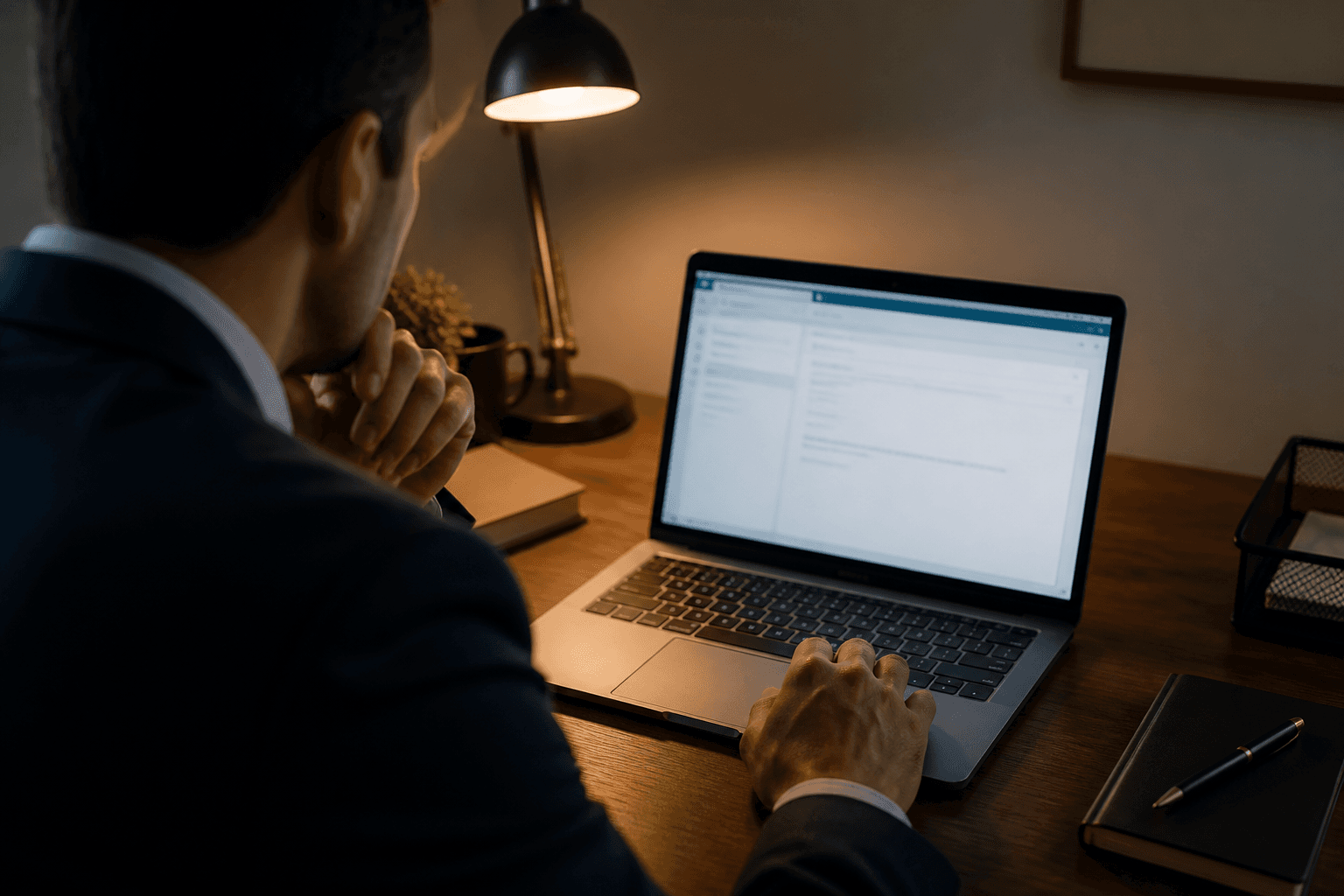 Sales rep reviewing a follow-up email draft on a laptop at a desk