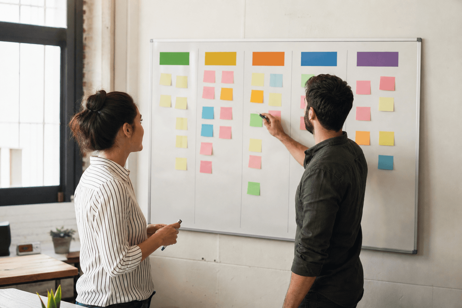 Small sales team reviewing pipeline stages at a whiteboard