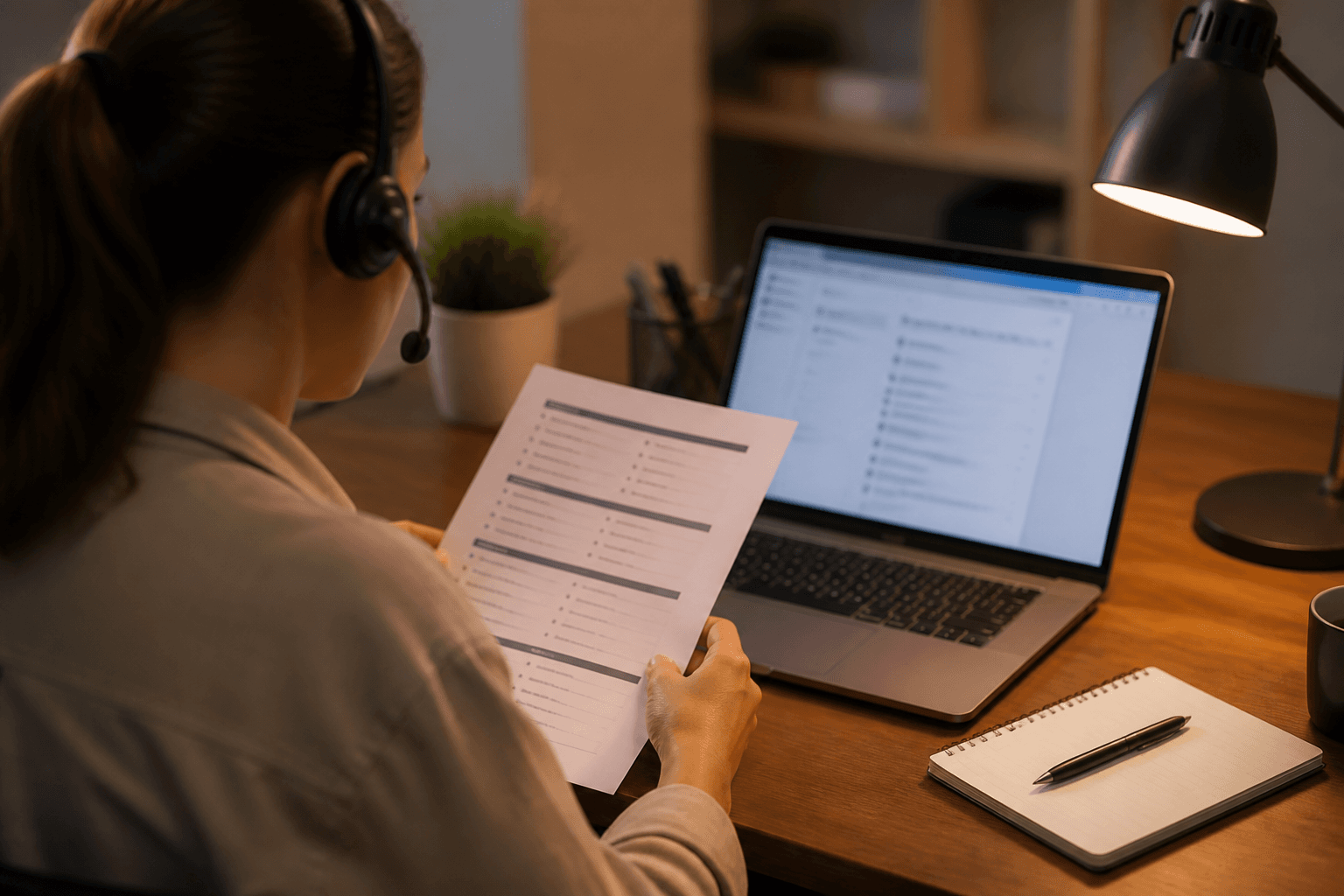 Support agent reviewing FAQ knowledge base materials at a desk