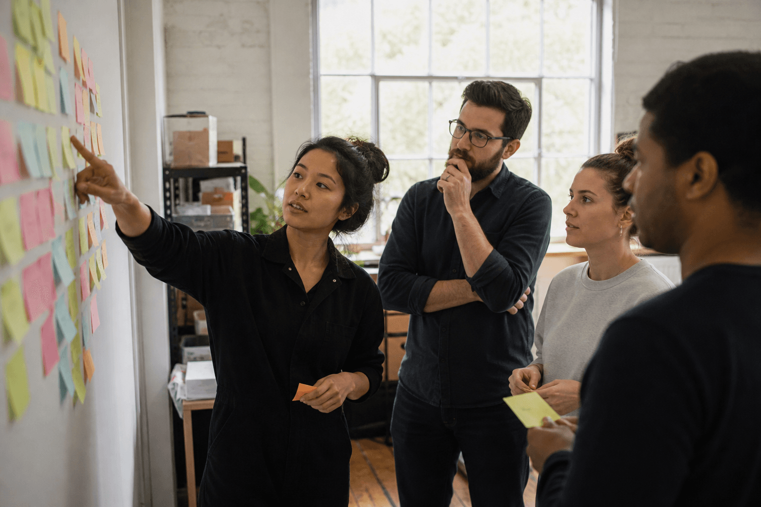 Small team reviewing customer feedback on sticky notes