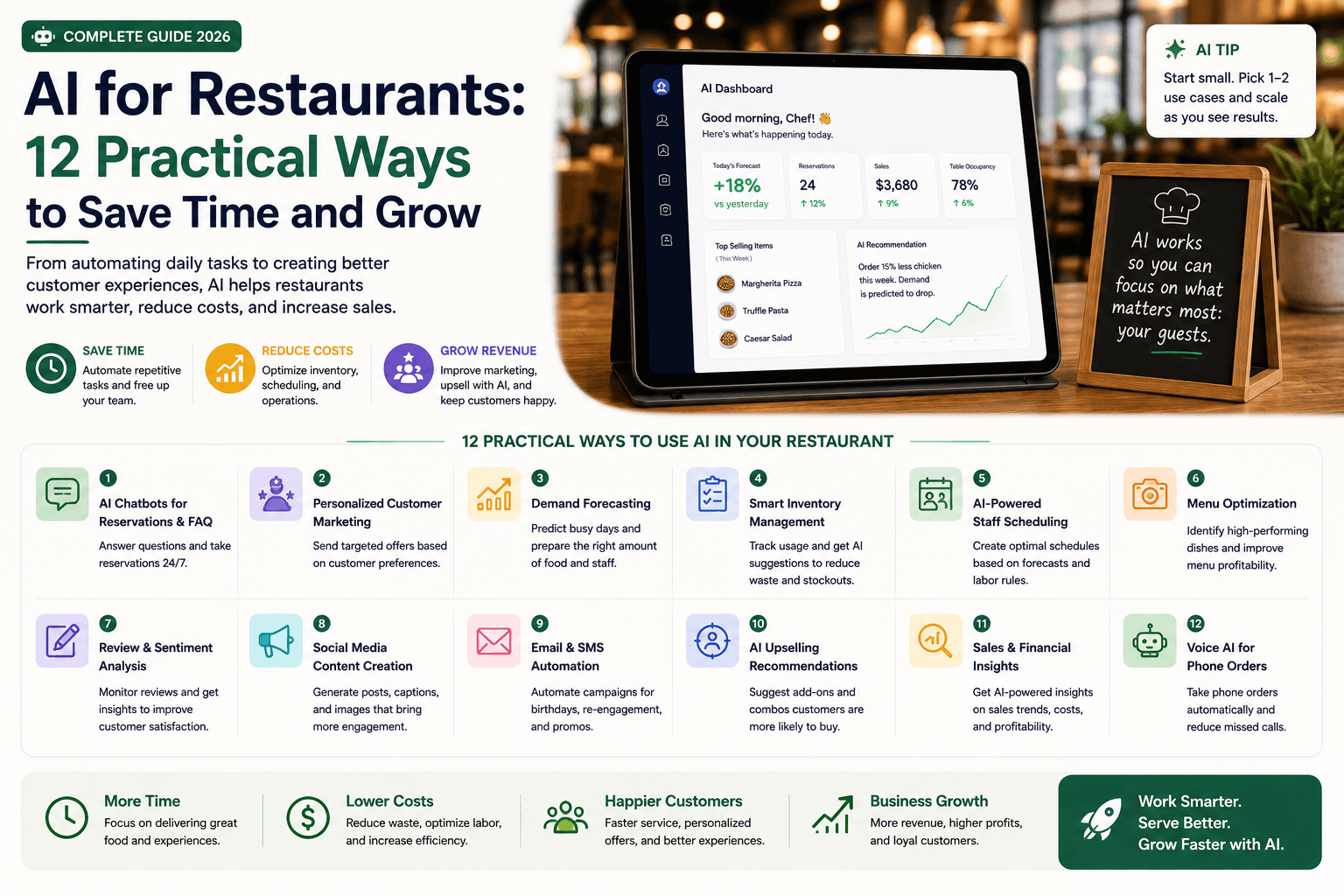AI for Restaurants (2026): 12 Workflows to Save Time and Grow Covers