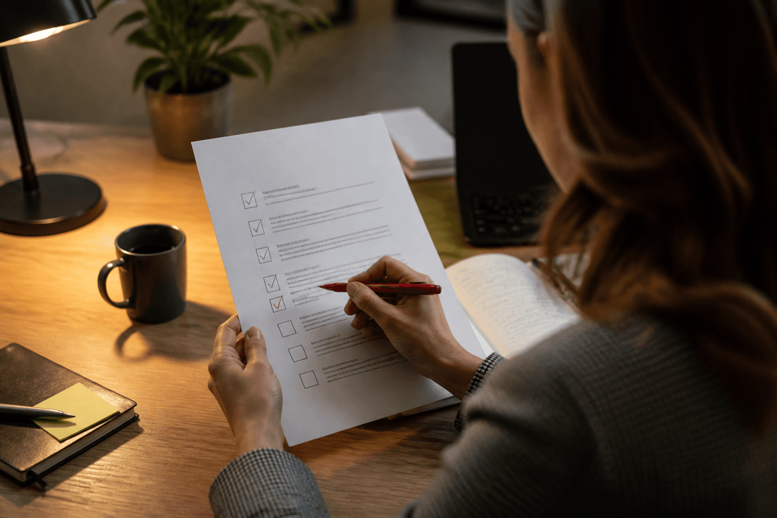 Account manager reviewing a printed onboarding checklist at a desk