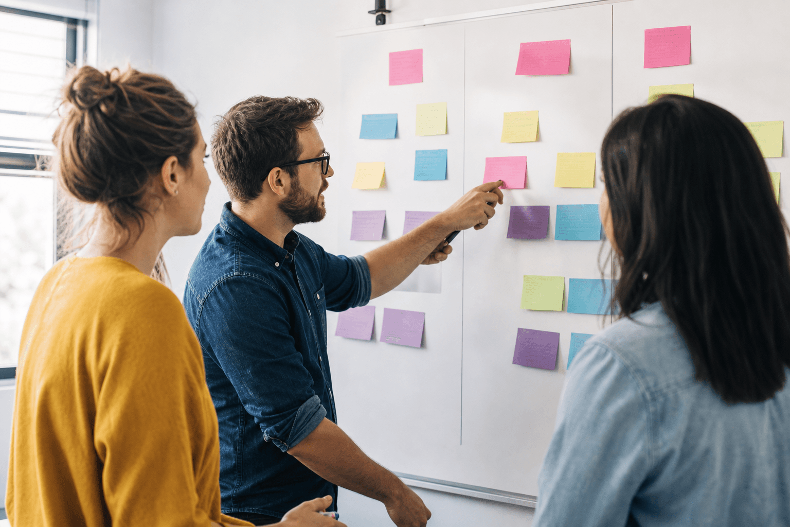 Small agency team planning an onboarding workflow at a whiteboard