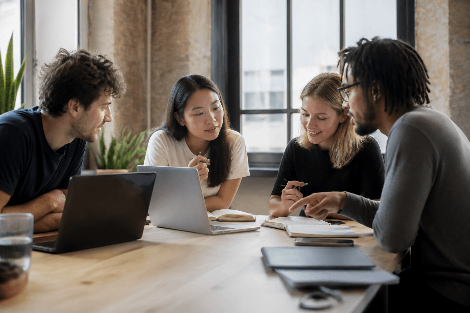 Small agency team collaborating around a table with laptops