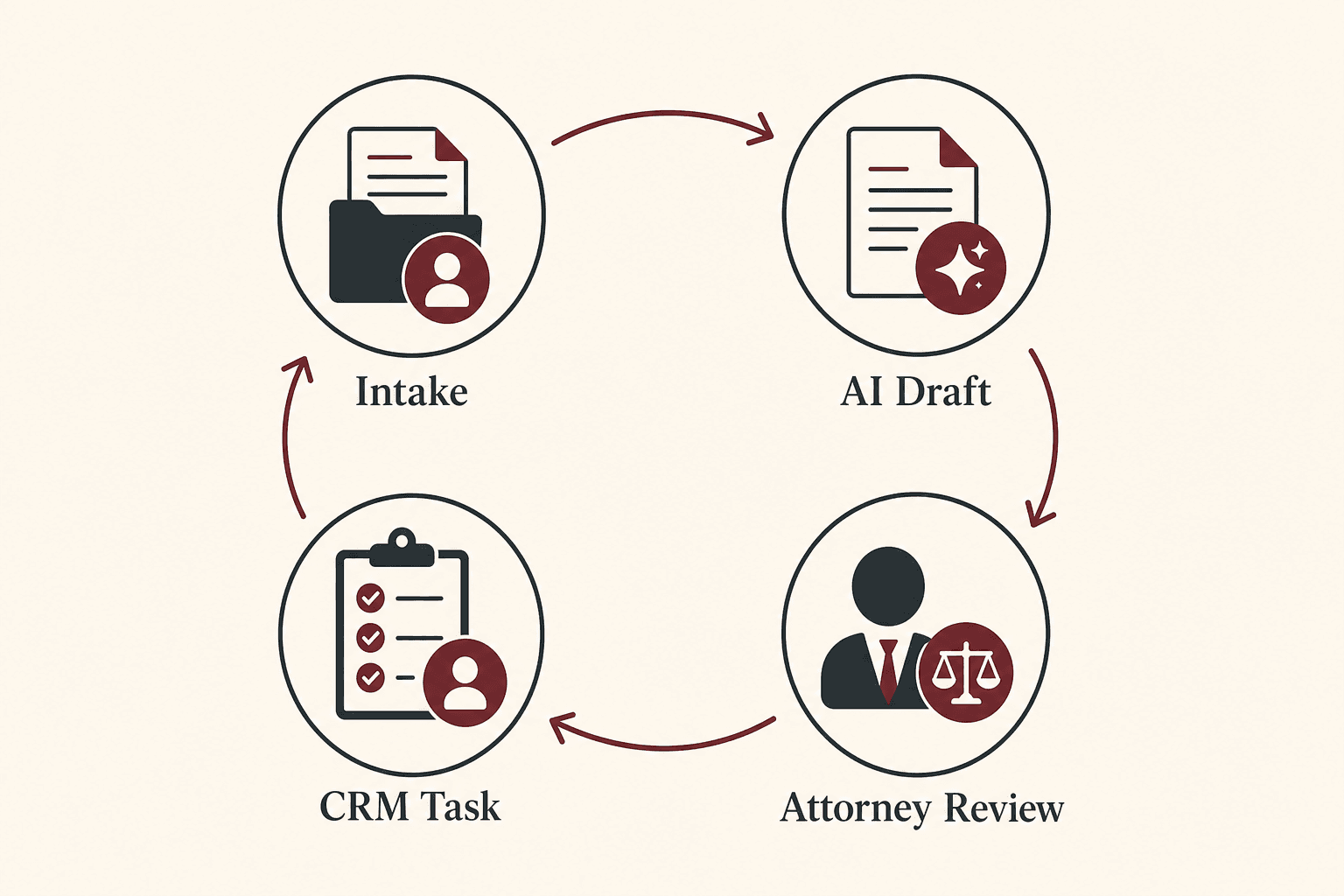 Legal AI workflow: intake, AI draft, attorney review, CRM task