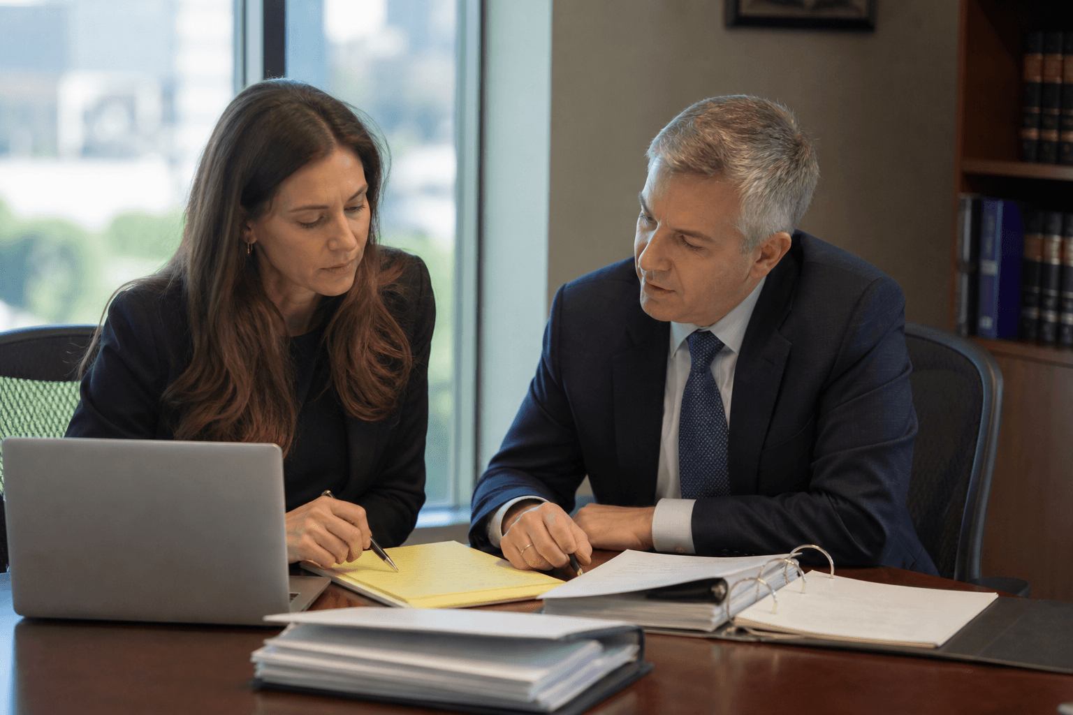 Small law firm attorneys collaborating in conference room