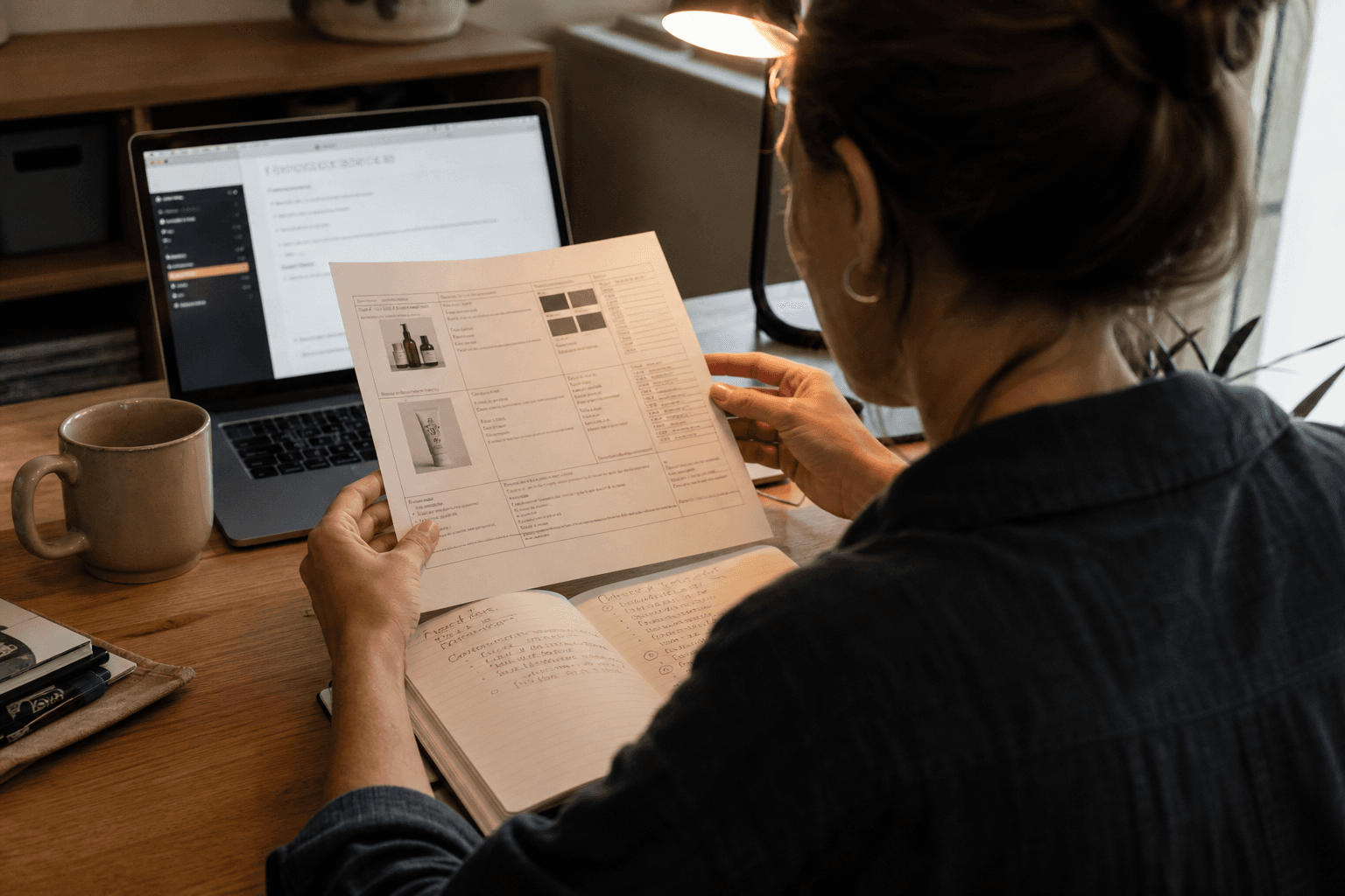 Shopify merchant reviewing product specs and brand voice notes at a desk