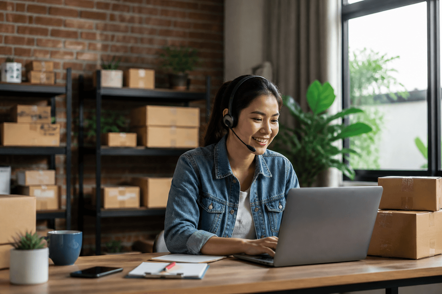 Ecommerce support team member with headset and shipping boxes at desk